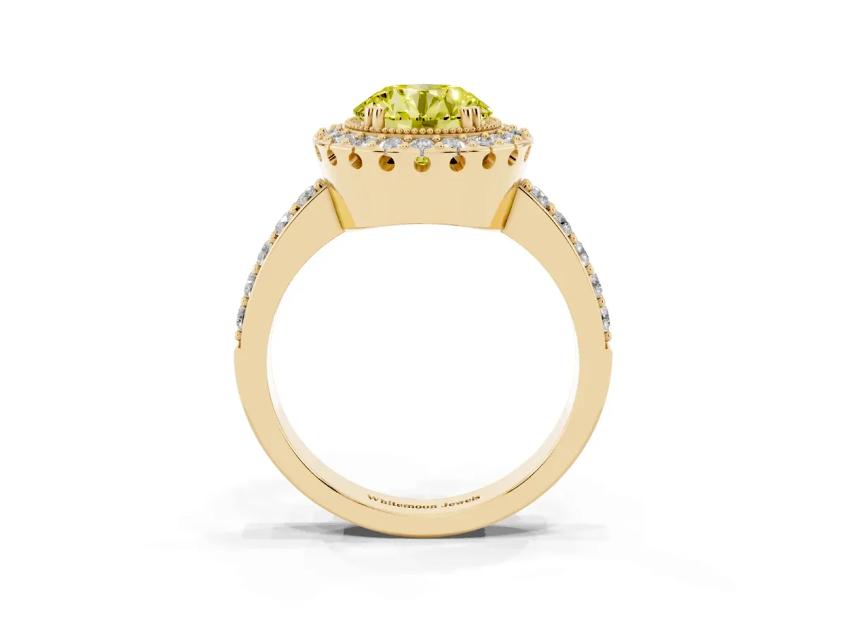 Fancy Yellow Round Cut Diamond Halo Ring with Pavé Band and Prong Setting Yellow gold