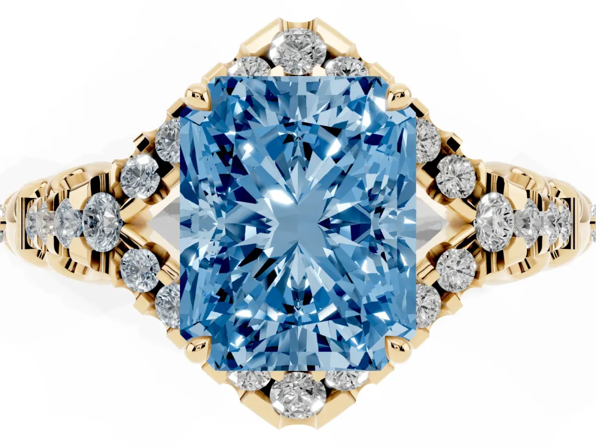 Fancy Blue Radiant Cut Diamond Solitaire Ring with Hidden Halo and Pavé Band Yellow gold