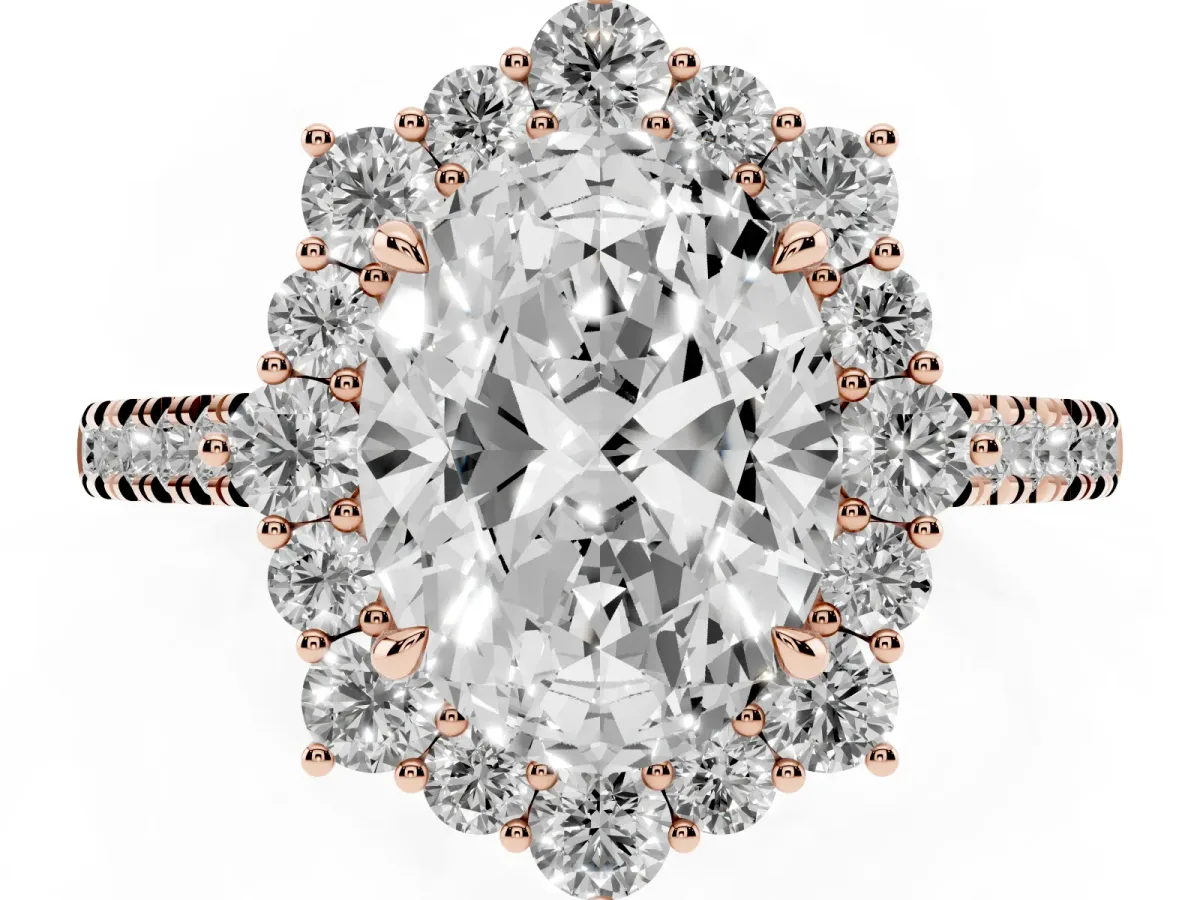 Oval Cut Halo Diamond Ring with Pavé Band and Prong Setting Rose gold