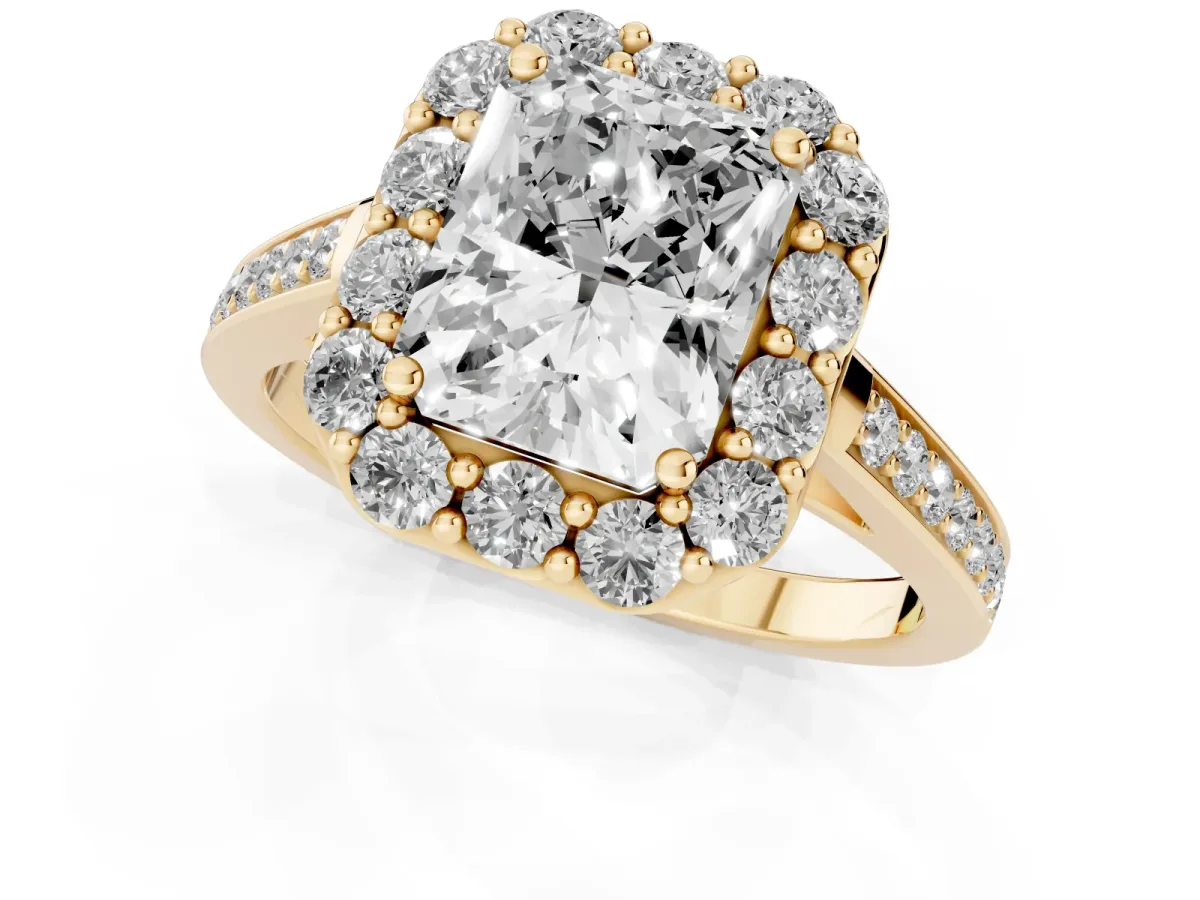 Radiant Cut Diamond Floral Halo Ring with Pavé Band and Prong Setting Yellow gold