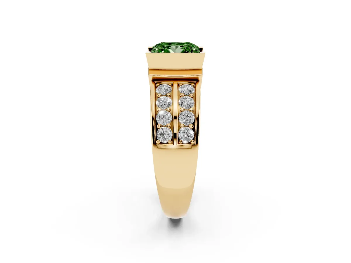Fancy Green Princess Cut Brilliant Diamond Channel Set Wide Band Ring with Bezel Setting Yellow gold