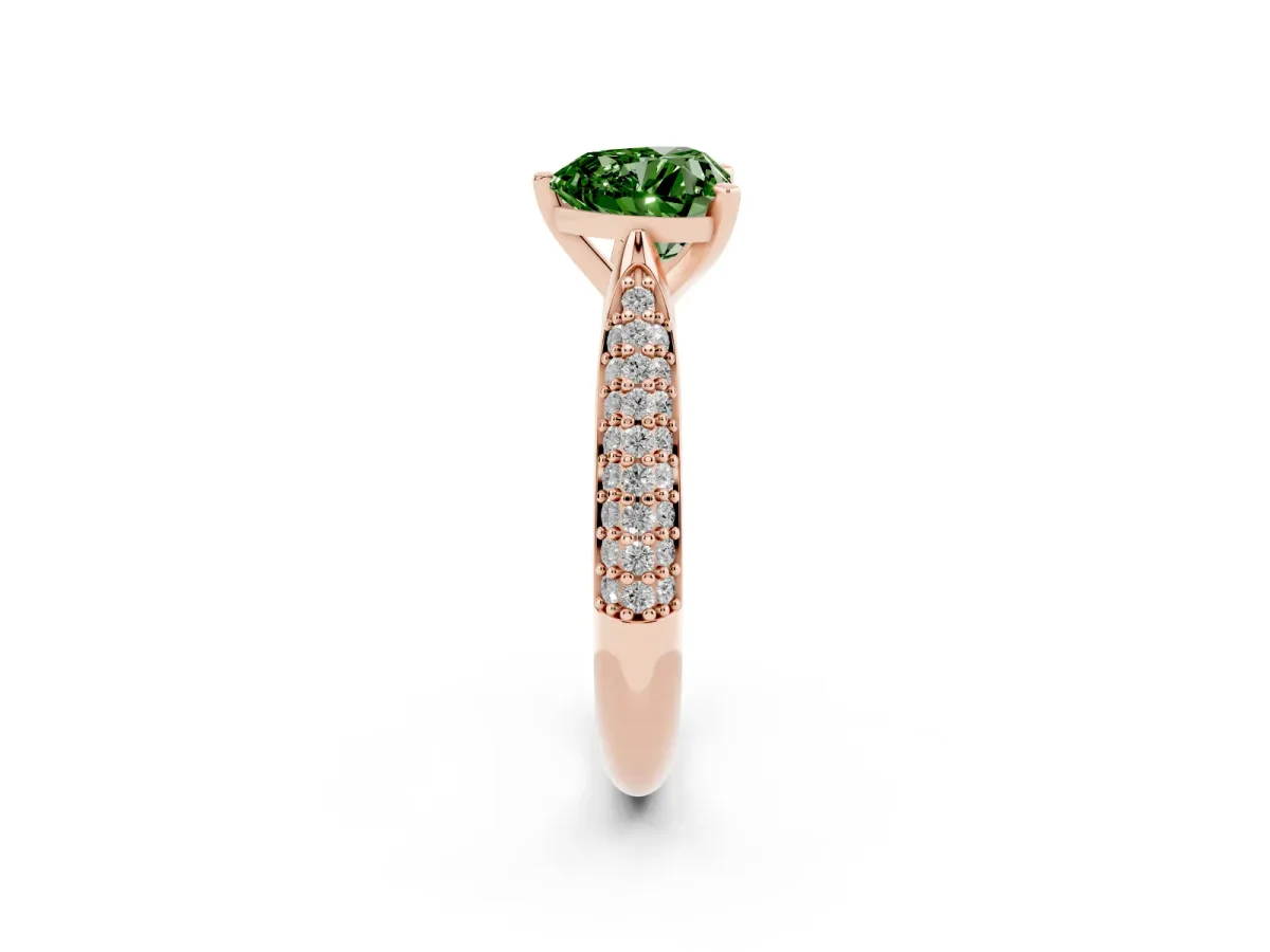 Fancy Green Heart Cut Diamond Solitaire Engagement Ring with Multi-Row Round Pavé Band and Prong Setting Rose gold