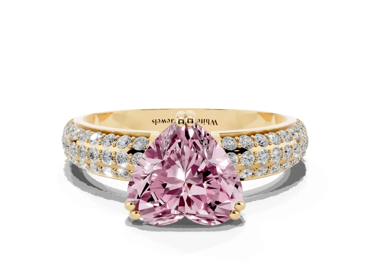 Fancy Pink Heart Cut Diamond Solitaire Ring with Multi-Row Round Pavé Band and Prong Setting Yellow gold