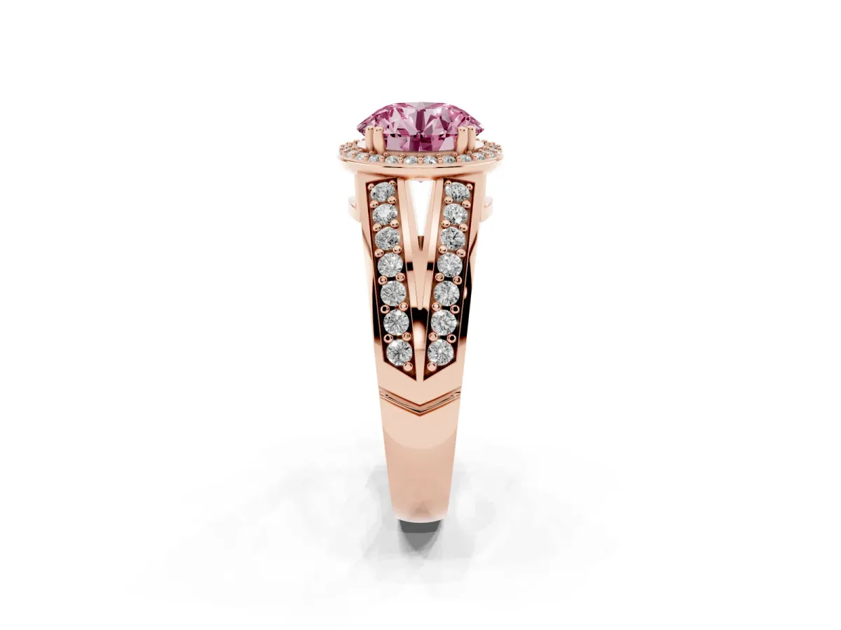 Fancy Pink Round Cut Diamond Halo Ring with Split Shank Pavé Band and Four-Prong Setting Rose gold