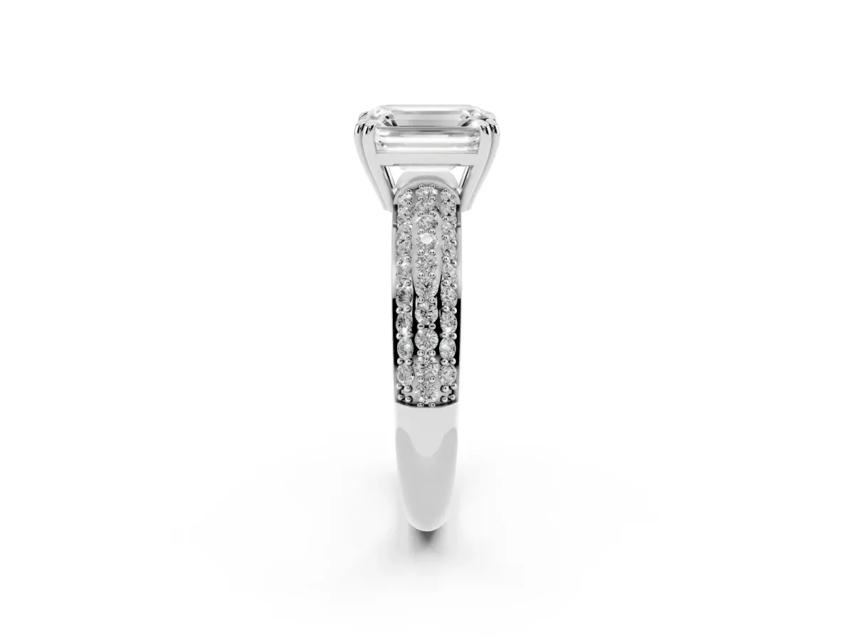 Emerald Cut Diamond Solitaire Ring with Multi-Row Round Pavé Band and Prong Setting Silver