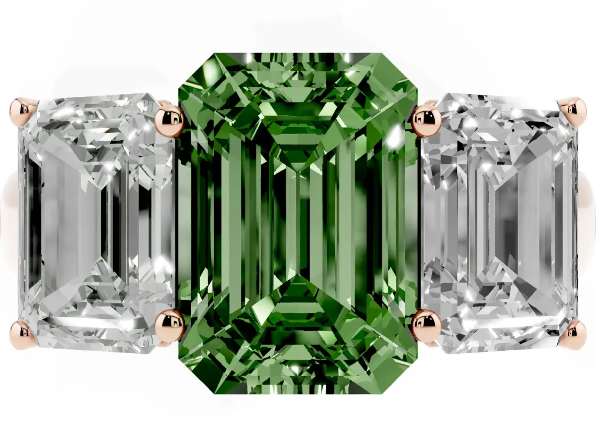 Fancy Green Emerald Cut Three-Stone Diamond Ring with Prong Setting on a Classic Band Rose gold