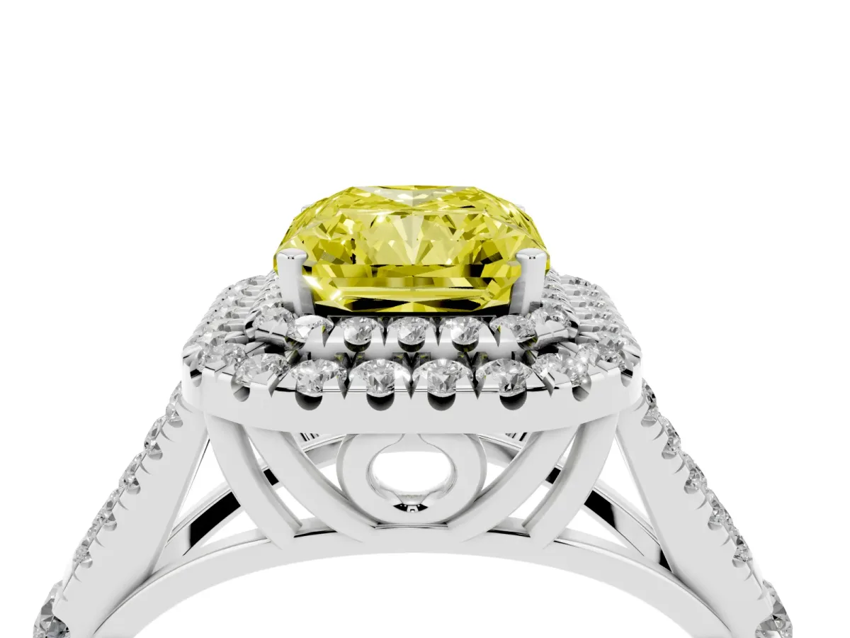 Fancy Yellow Radiant Cut Diamond Double Halo Ring with Split Shank and Prong Setting Platinum