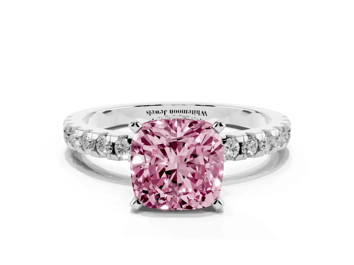 Fancy Pink Cushion Cut Diamond Solitaire Ring with Round Pavé Band and Four-Prong Setting Platinum