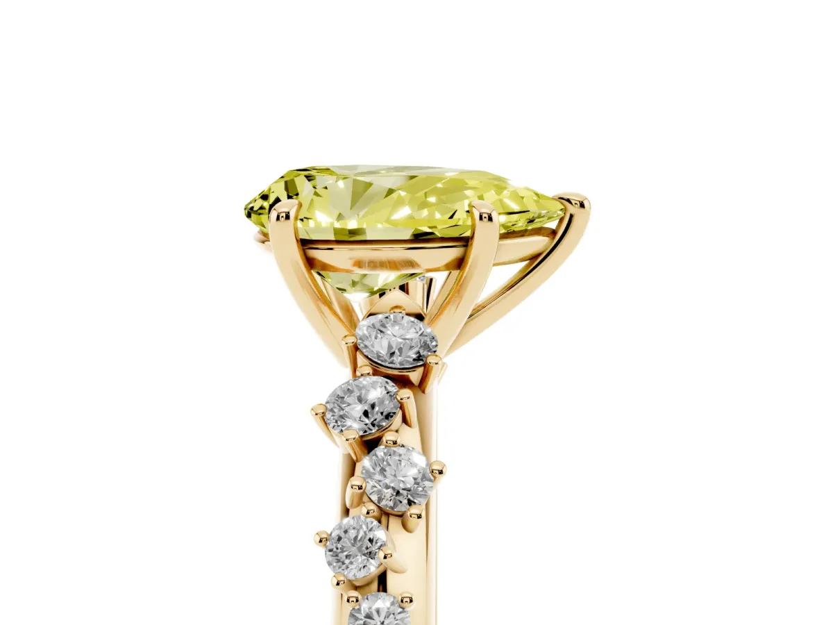 Fancy Yellow Pear Cut Diamond Cluster Side Stone Solitaire Ring with Prong Setting Yellow gold