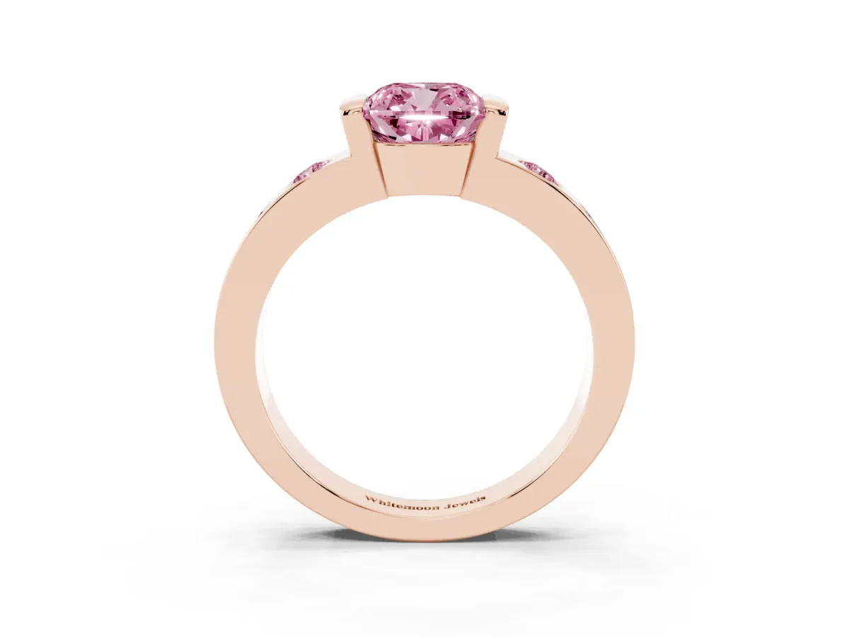 Fancy Pink Cushion Cut Brilliant Channel-Set Diamond Ring with Bezel Prong Setting Rose gold