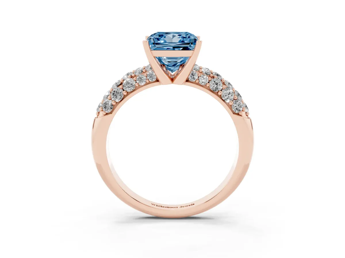 Fancy Blue Princess Cut Diamond Pavé Band Solitaire Ring with Four-Prong Setting Rose gold