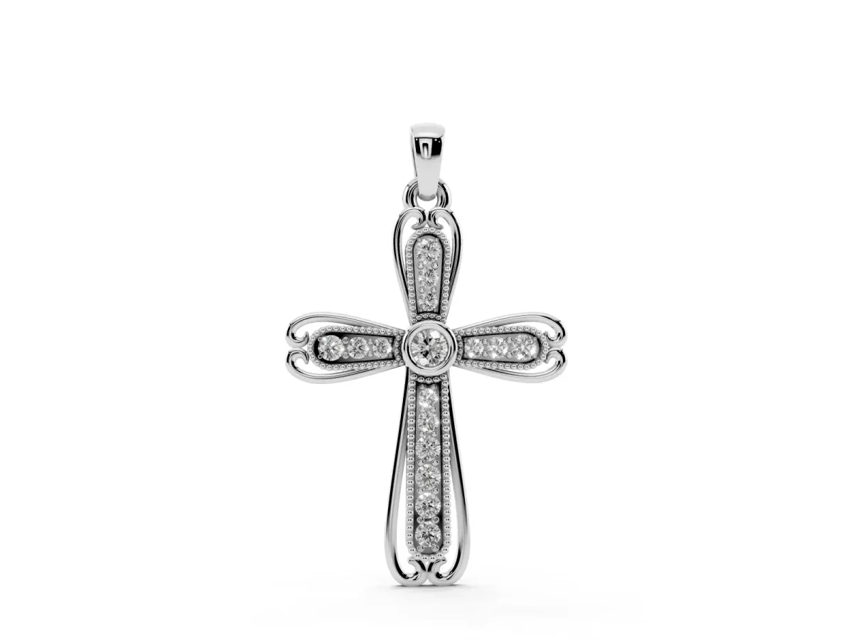Pavé Round Diamond Cross Pendant with Bezel Setting Silver