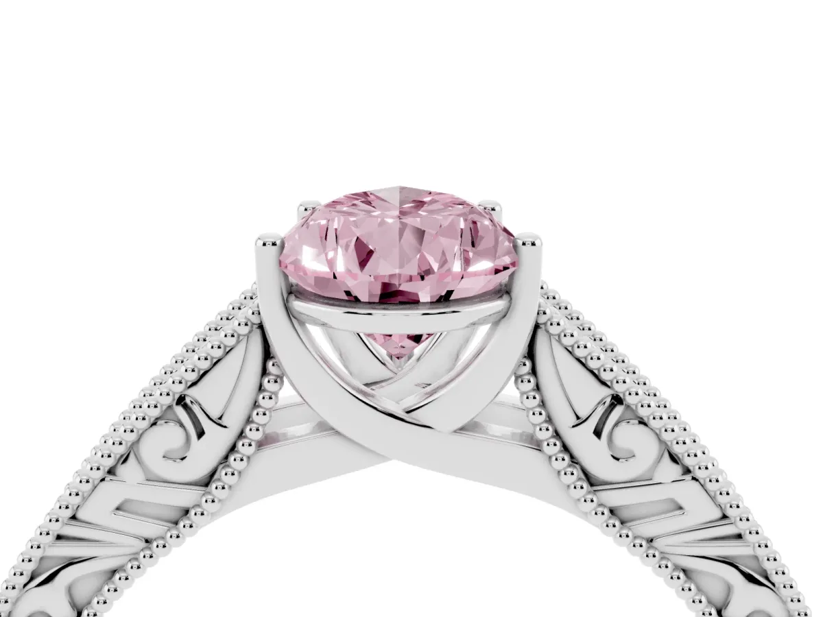 Fancy Pink Pear Cut Diamond Solitaire Ring with Engraved Band and Four-Prong Setting Silver