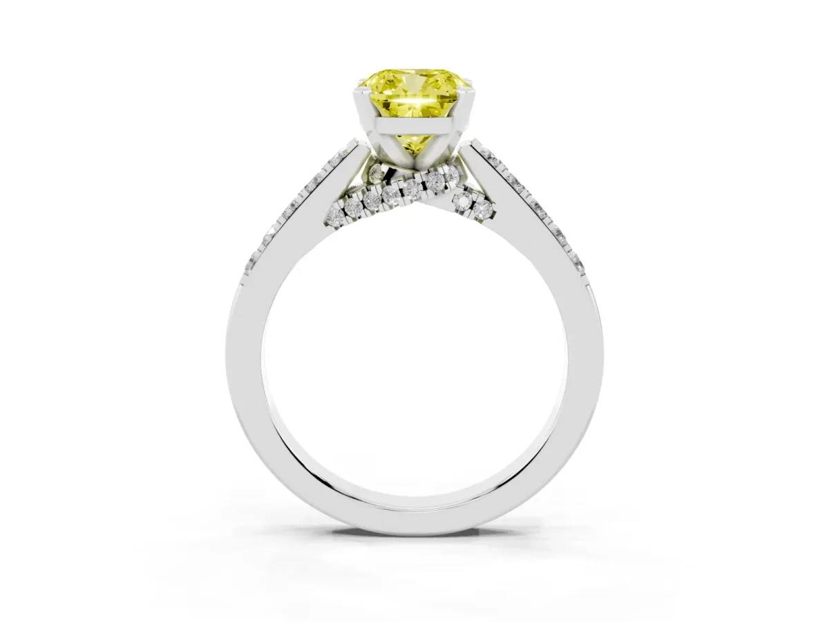 Fancy Yellow Cushion Cut Diamond Solitaire Ring with Crossover Gallery and Round Pavé Band Silver