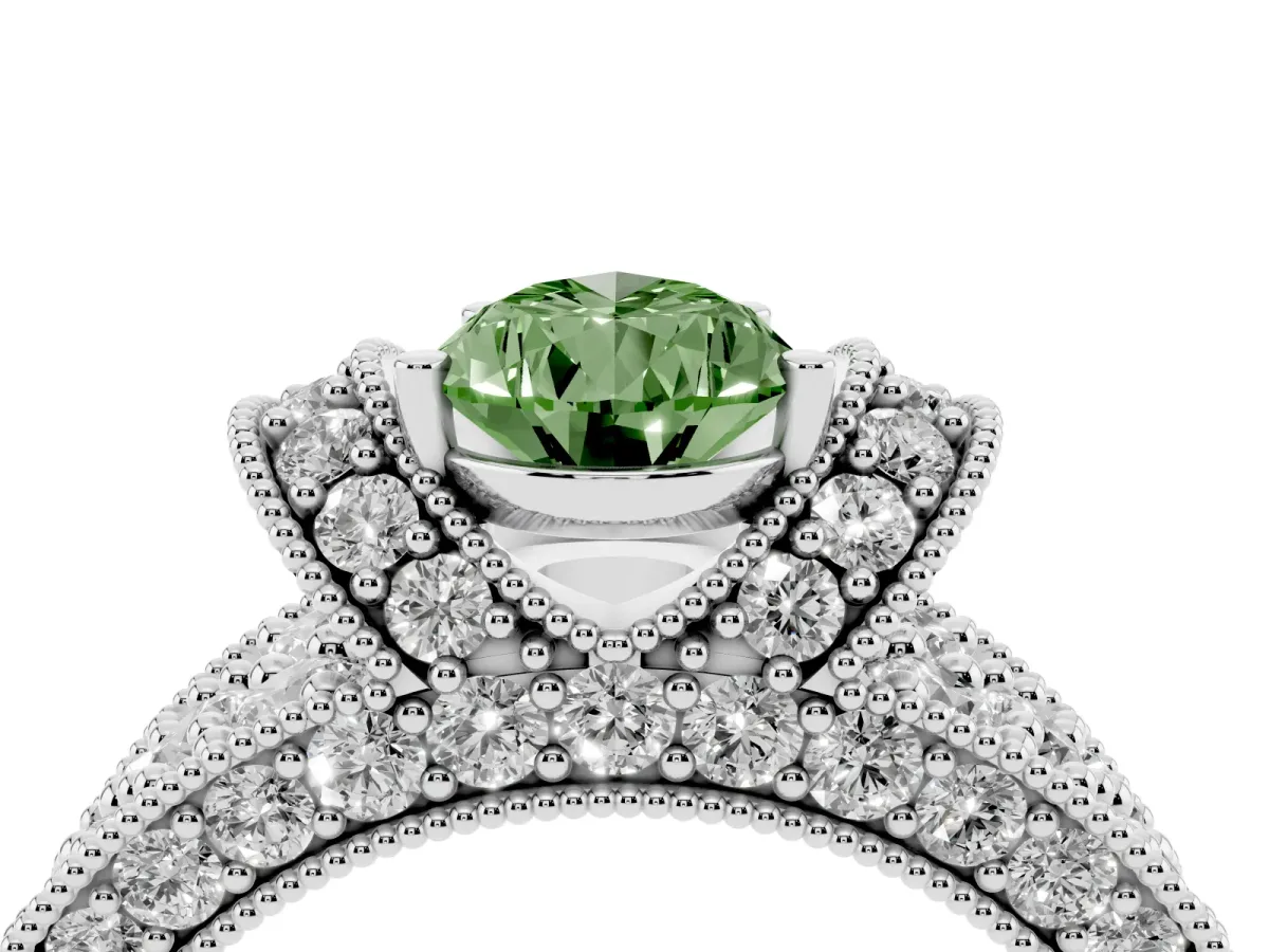 Fancy Green Pear Cut Halo Pave Diamond Engagement Ring with Milgrain Detailing Silver