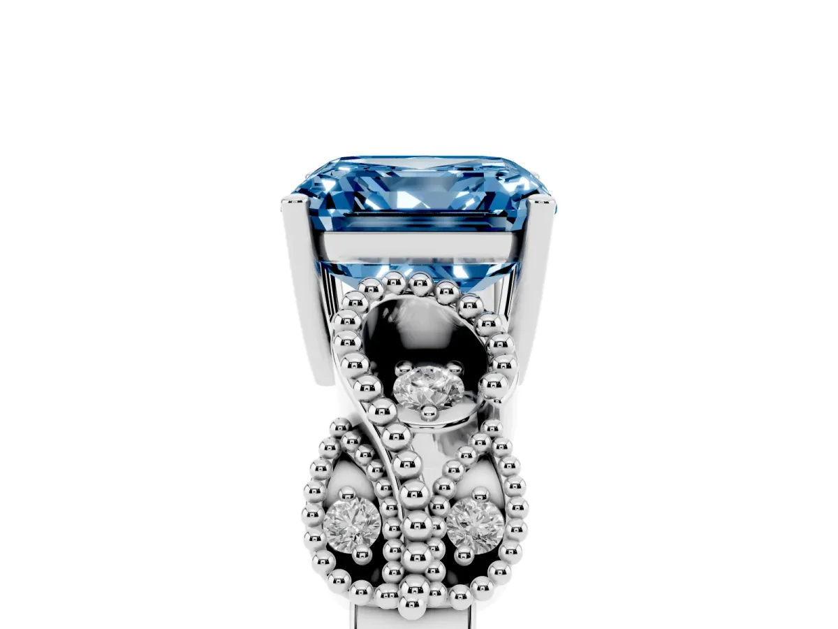 Fancy Blue Asscher Cut Solitaire Milgrain Leaf Band with Prong Setting Silver