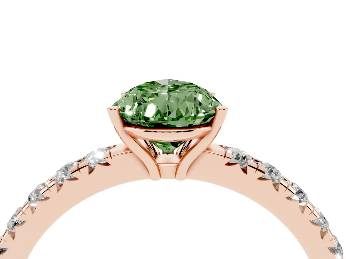 Fancy Green Pear Cut Diamond Pavé Solitaire Engagement Ring with Four-Prong Setting Rose gold