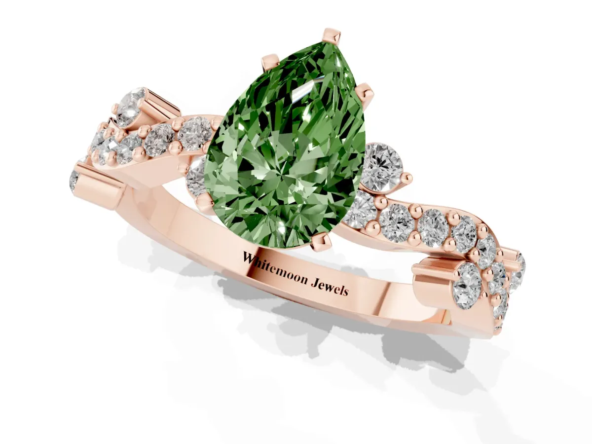 Fancy Green Pear Cut Cut Solitaire Diamond Twisted Band with Pave Setting Rose gold