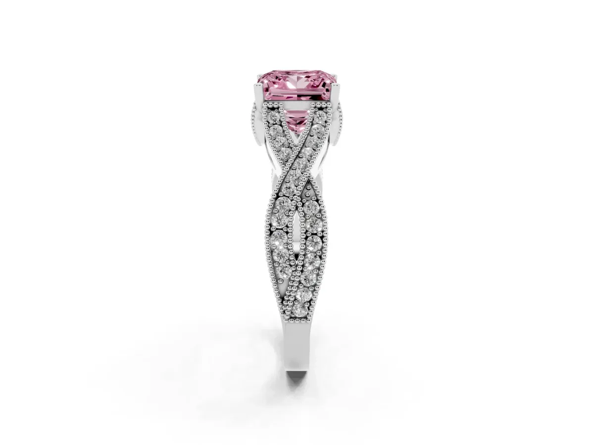 Fancy Pink Princess Cut Cut Diamond Twisted Band with Milgrain Pave Setting and Four-Prong Setting Platinum