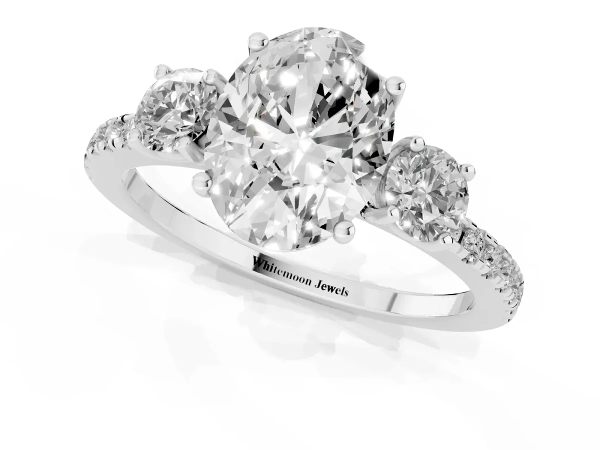 Three-Stone Oval Cut Cut Diamond Pavé Band with Prong Setting Silver