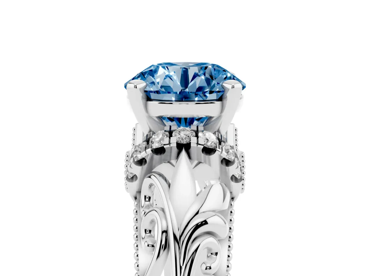 Fancy Blue Round Cut Solitaire Filigree Engagement Ring with Halo and Prong Setting White gold