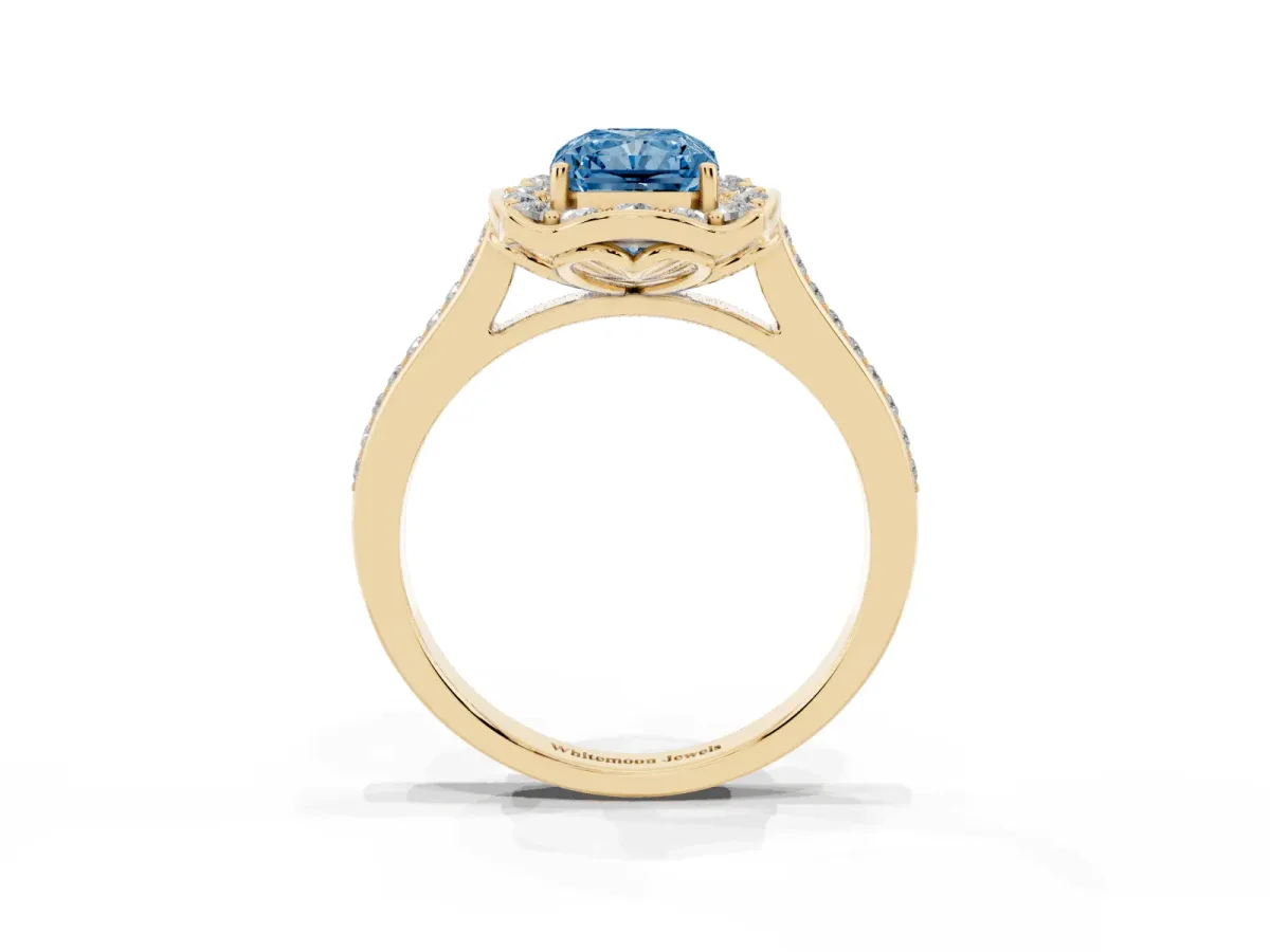 Fancy Blue Radiant Cut Halo Round Diamond Pave Band with Four-Prong Setting Yellow gold