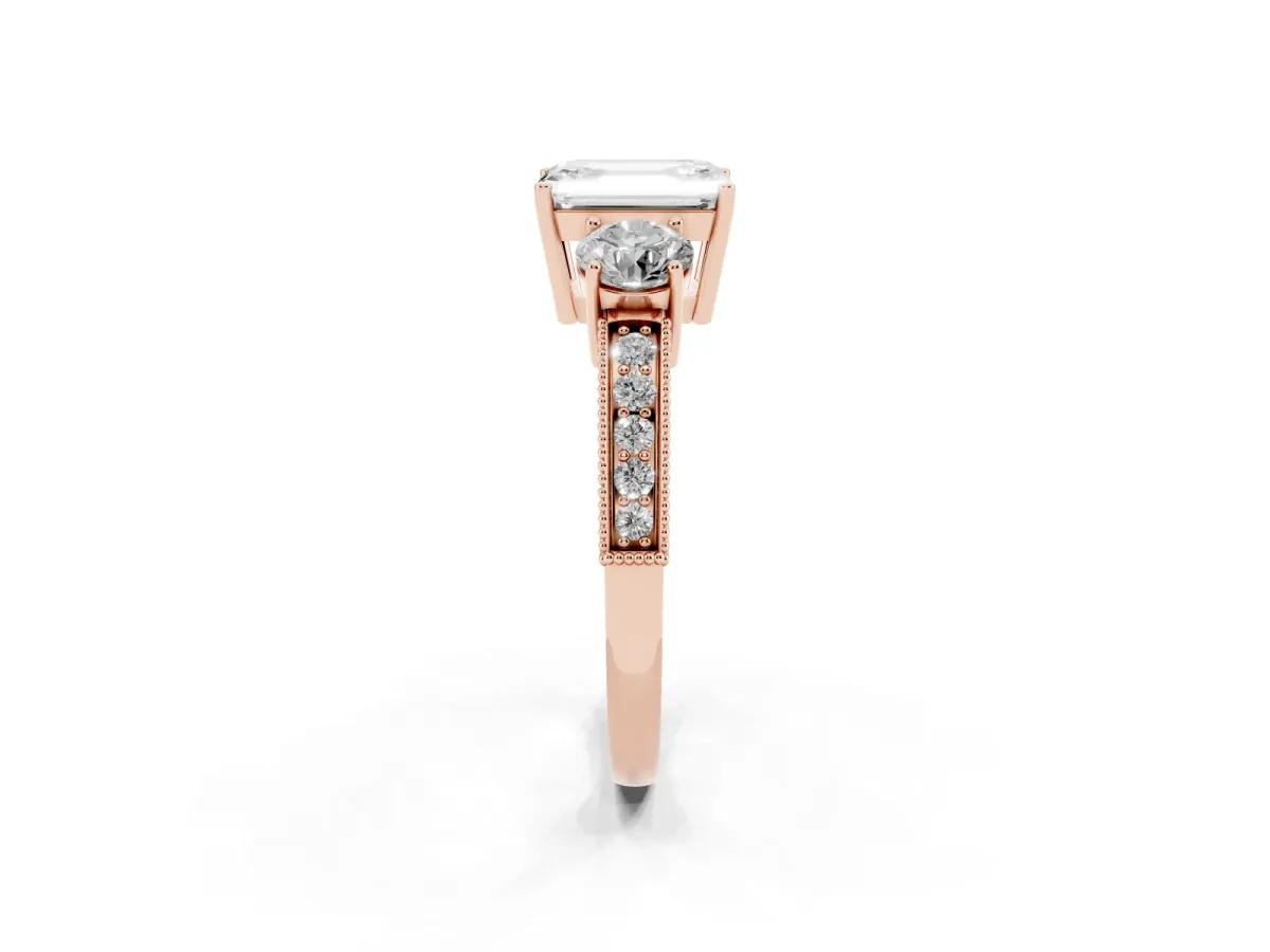 Emerald Cut Three-Stone Diamond Ring with Pavé Band and Four-Prong Setting Rose gold