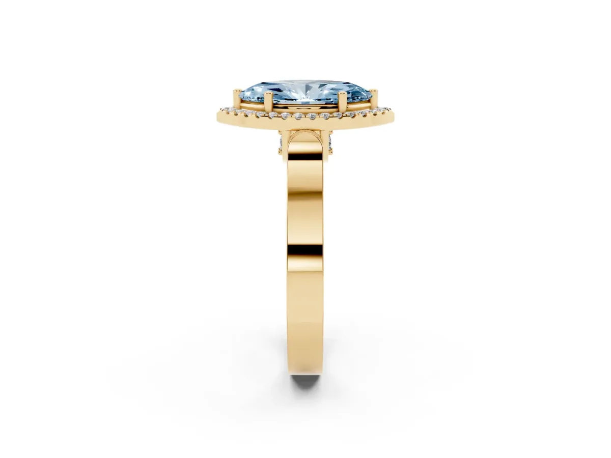 Fancy Blue Marquise Cut Halo Round Diamond Twist Band with Four-Prong Setting Yellow gold