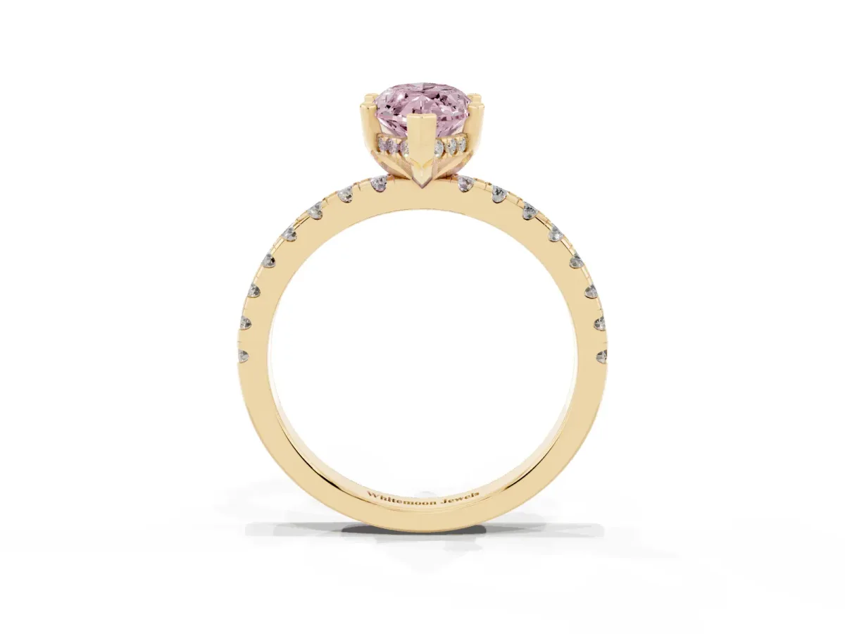Fancy Pink Marquise Cut Diamond Solitaire Ring with Round Pavé Band and Four-Prong Setting Yellow gold
