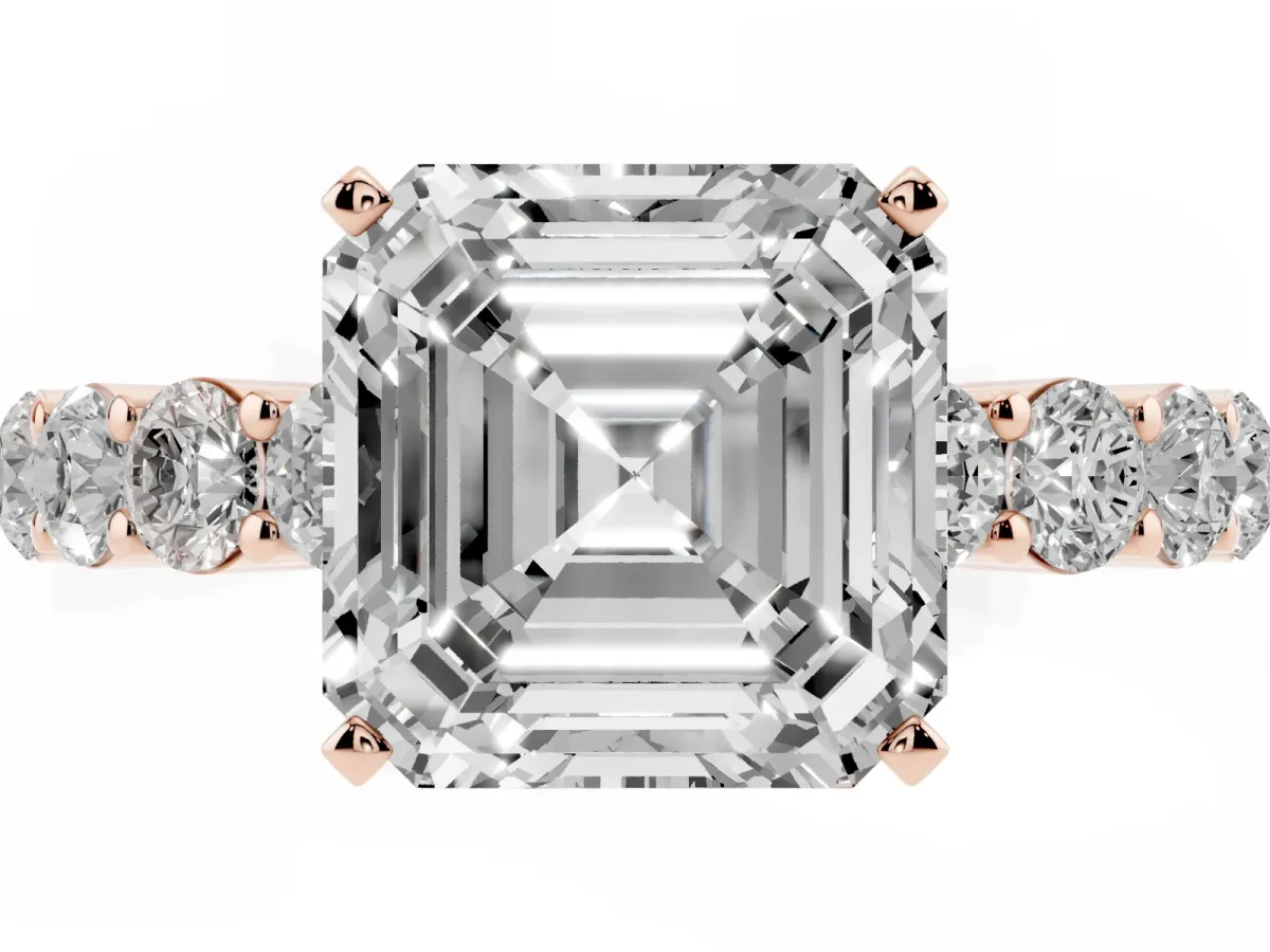 Asscher Cut Diamond Solitaire Ring with Shared Prong Round Side Stones Rose gold