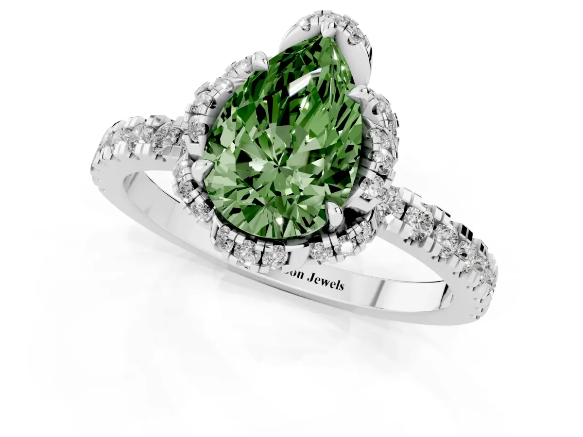Fancy Green Pear Cut Diamond Halo Pave Band with Four-Prong Setting Silver