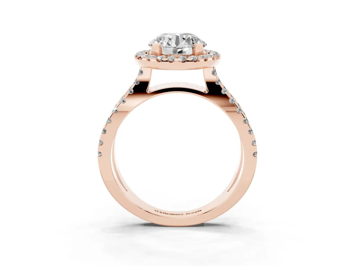 Round Cut Diamond Halo Ring with Split Shank Pavé Band and Prong Setting Rose gold