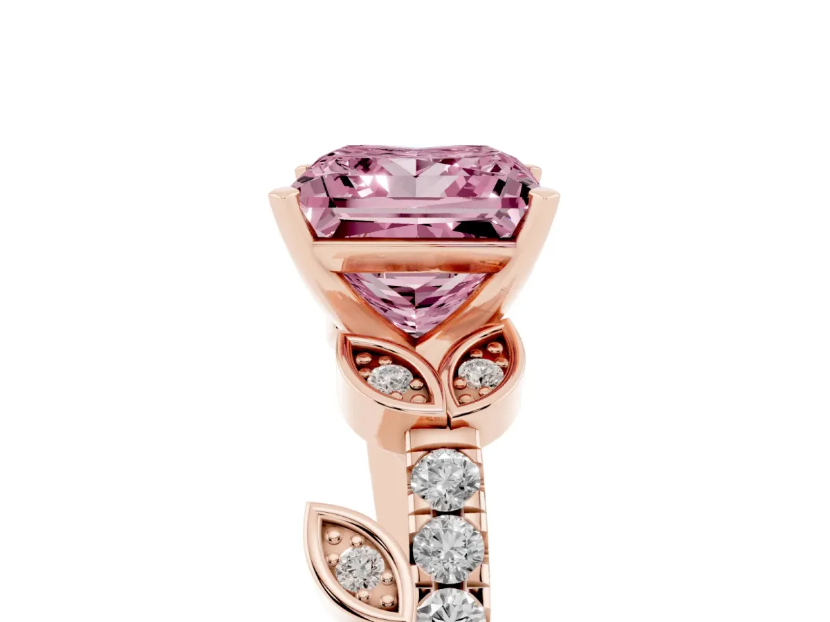 Fancy Pink Princess Cut Solitaire Leaf-Inspired Diamond Ring with Pavé Band and Four-Prong Setting Rose gold