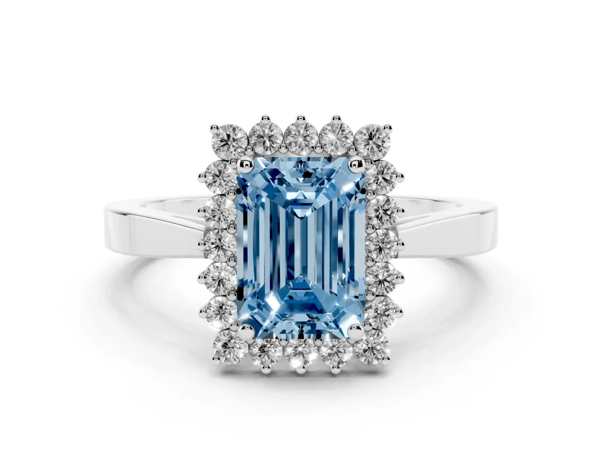 Fancy Blue Emerald Cut Cut Diamond Halo Ring with Round Brilliant Halo and Solitaire Band Silver