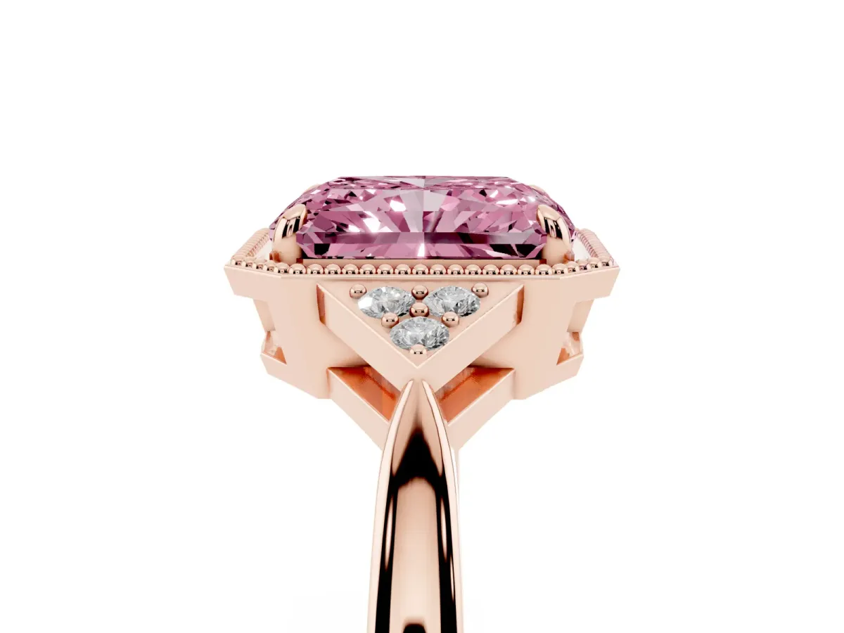 Fancy Pink Radiant Cut Diamond Halo Ring with Tapered Band and Four-Prong Setting Rose gold