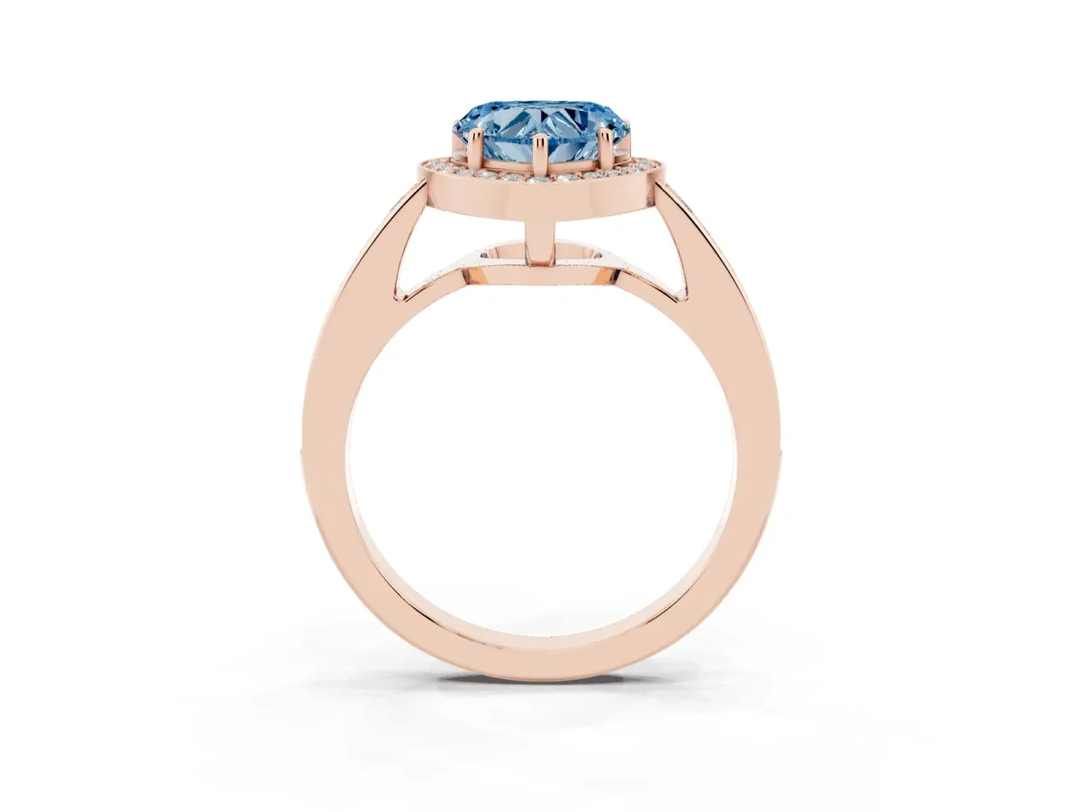 Fancy Blue Heart Cut Halo Pavé Diamond Engagement Ring with Bezel Setting Rose gold