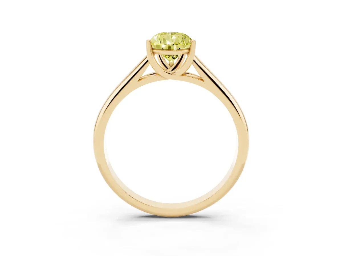 Fancy Yellow Pear Cut Solitaire Engagement Ring with Tapered Band and Four-Prong Setting Yellow gold