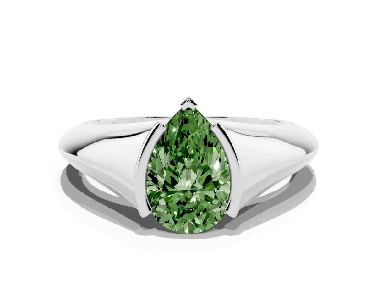 Fancy Green Pear Cut Solitaire Tension Set Diamond Ring Silver