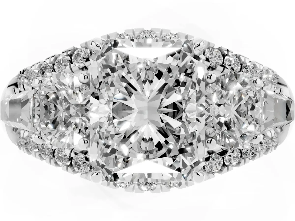 Three-Stone Radiant Cut Diamond Engagement Ring with Pave Band and Prong Setting Silver