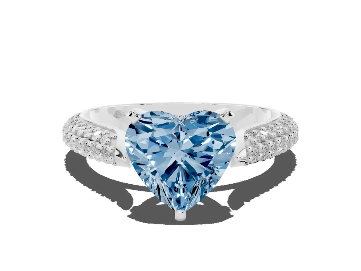 Fancy Blue Heart Cut Diamond Solitaire Engagement Ring with Multi-Row Round Pavé Band and Prong Setting Silver