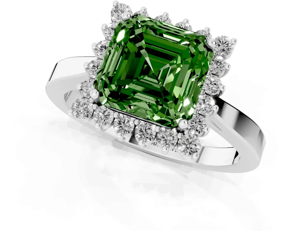 Fancy Green Asscher Cut Cut Diamond Halo Ring with Round Brilliant Halo and Solitaire Band Silver