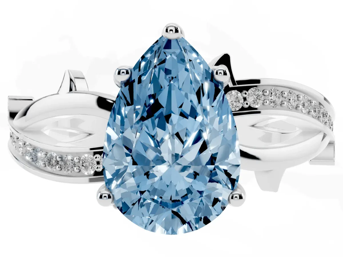 Fancy Blue Pear Cut Solitaire Twist Band with Pavé Accents and Four-Prong Setting Platinum
