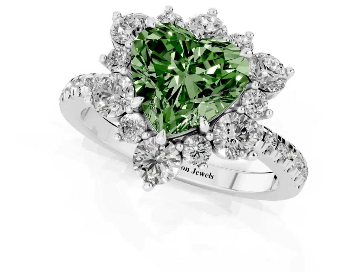 Fancy Green Heart Cut Diamond Floral Halo Ring with Round Pavé Band and Prong Setting Silver