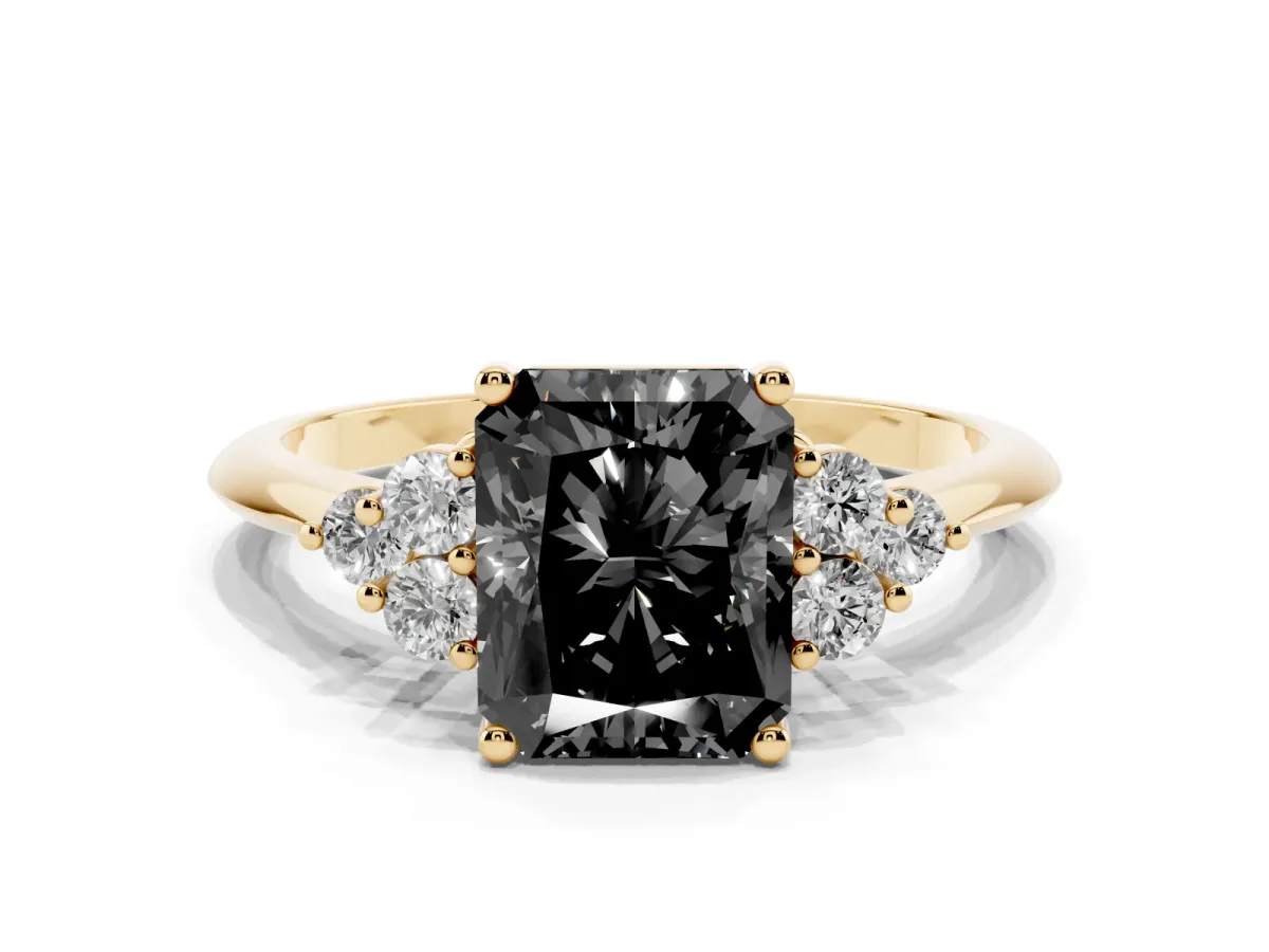Fancy Black Radiant Cut Cut Diamond Cluster Ring with Solitaire Band and Four-Prong Setting Yellow gold
