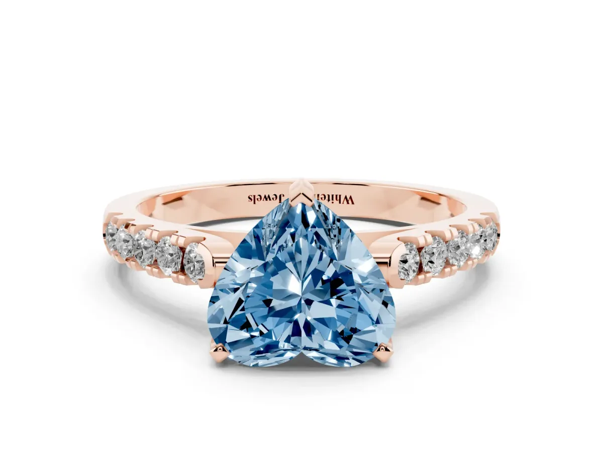 Fancy Blue Heart Cut Diamond Pavé Band Solitaire Ring with Prong Setting Rose gold