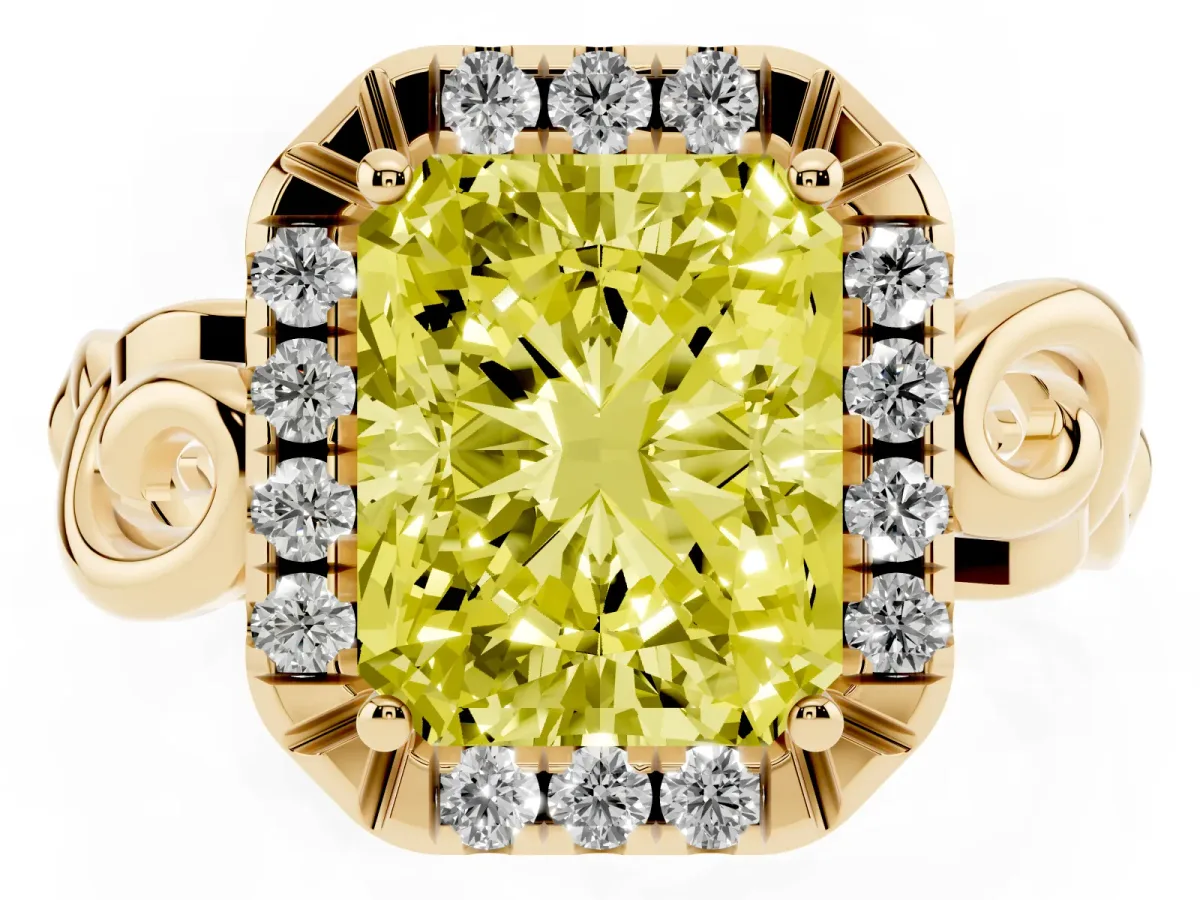Fancy Yellow Radiant Cut Cut Halo Diamond Ring with Scrollwork Band and Four-Prong Setting Yellow gold