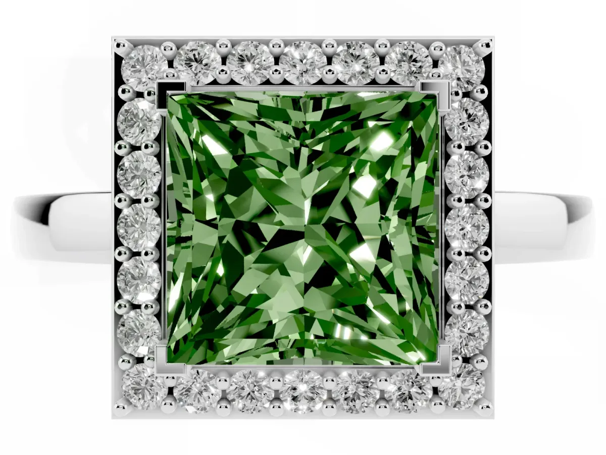 Fancy Green Princess Cut Halo Diamond Ring with Solitaire Band and Prong Setting Silver