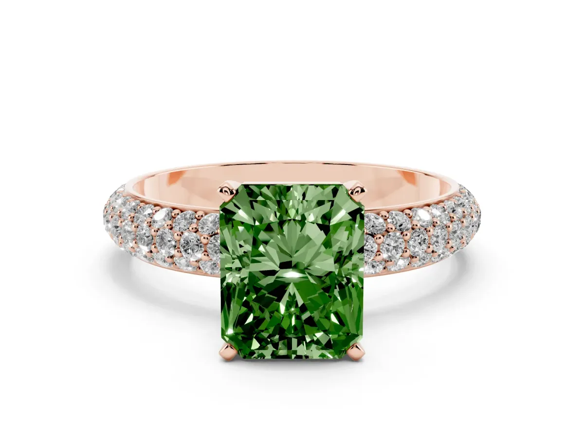 Fancy Green Radiant Cut Diamond Solitaire Ring with Prong Setting and Pavé Band Rose gold