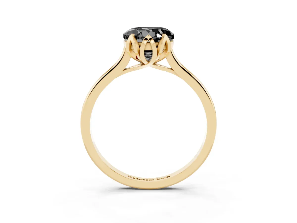 Fancy Black Round Cut Diamond Solitaire Ring with Flower Prong Setting and Classic Band Yellow gold