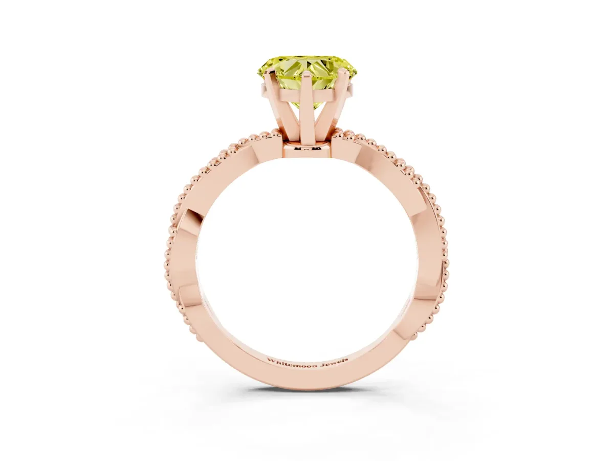 Fancy Yellow Heart Cut Solitaire Twisted Band with Bead Prong Setting Rose gold